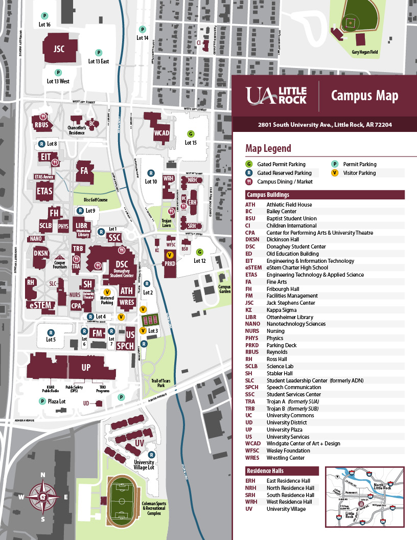 Preview of the campus map for UA Little Rock, located at 2801 South University Ave., Little Rock, AR 72204.