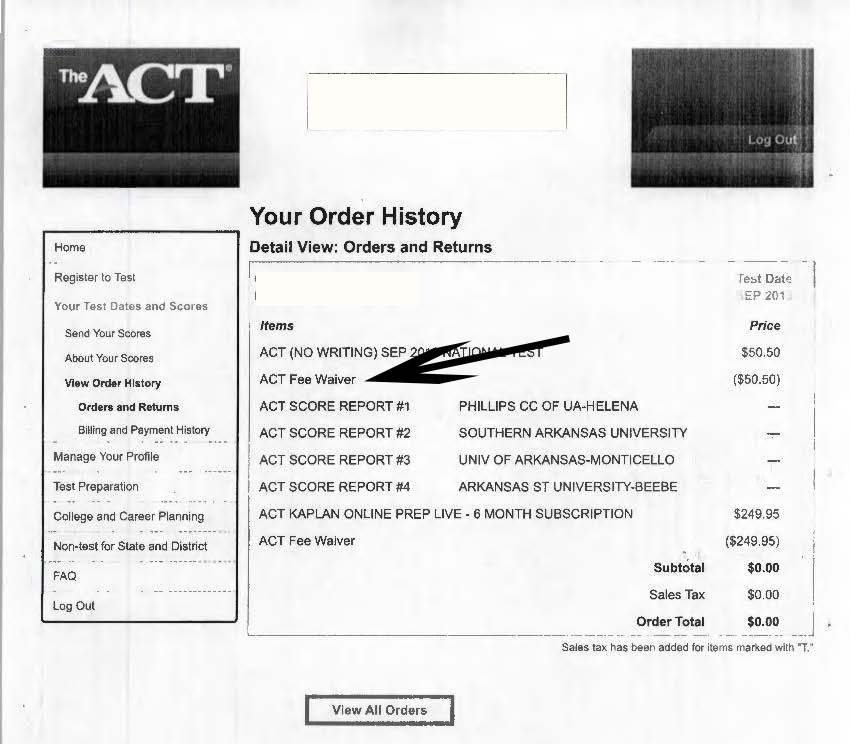 ACT Receipt with Processed Fee Waiver Admissions UA Little Rock
