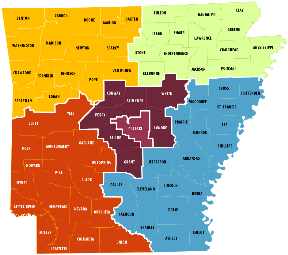 Map of counties in Arkansas, color-coded to match their respective recruiters.
