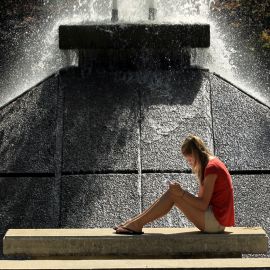 Student reading a book on a bench by Cooper Fountain