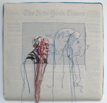 Lauren DiCioccio, Sewn News, 93 Dec 09 (Robert Gates), hand-embroidery on cotton muslin over the December 3, 2009 edition of The New York Times.