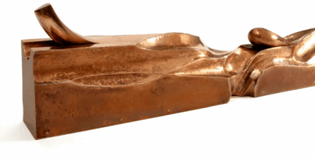 A bronze form that has no absolute function beyond art for art's sake. The surface is cut, pressed and molded that can resemble any number of other objects.