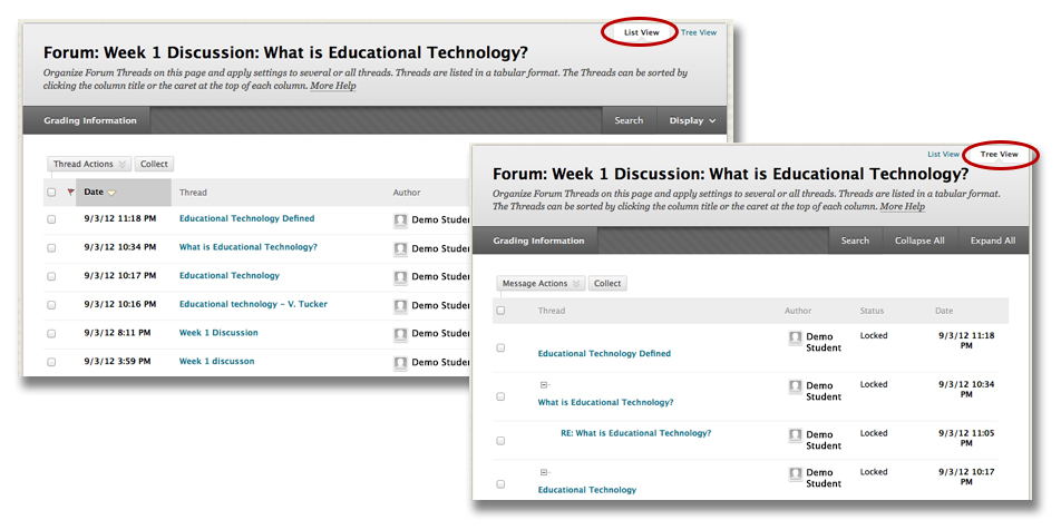 Image showing how you can choose to display a forum topic in either the Tree View or List View.