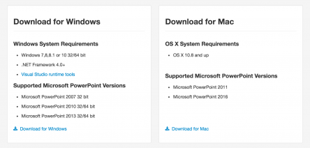 Image that shows the download screen with the Windows and Mac requirements and the download link.