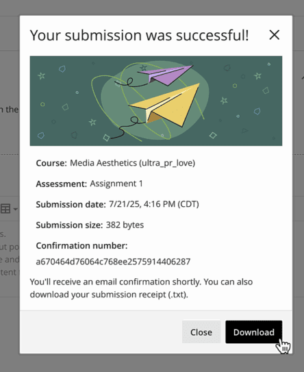 An image of the submission receipt pop up that appears after successful submission