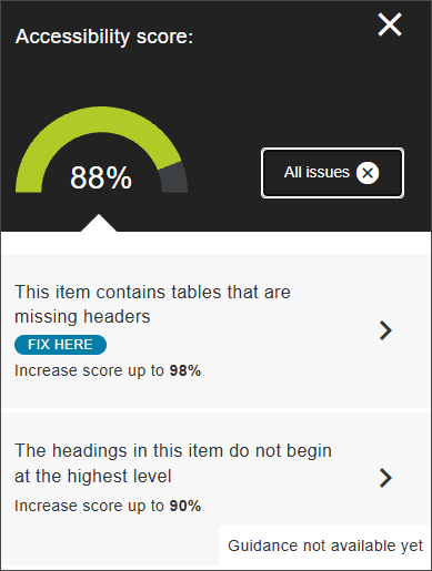 The feedback panel in Ally gives a score to the individual item as well as guidance on how to fix any accessibility issues.