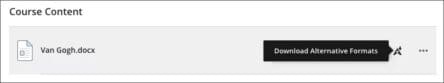 The downloadable alternative formats icon is indicated by a large stylized "A" with a downward pointing arrow icon in Blackboard Ultra student view.
