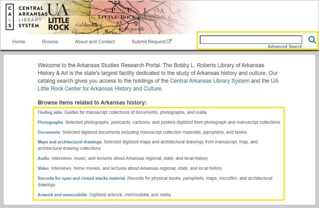 Screenshot of the catalog search home page. The search bar and links to material type are emphasized with yellow boxes