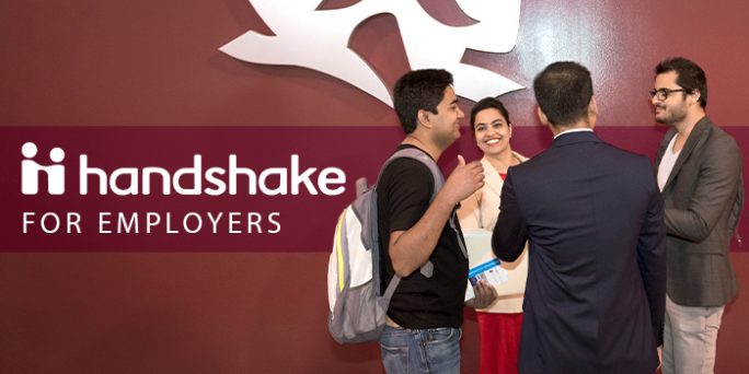 Photo of students at the Career & Internship Extravaganza and text that reads, Handshake for Employers."