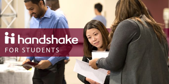 Photo of students at the Career & Internship Extravaganza and text that reads, Handshake for Students."