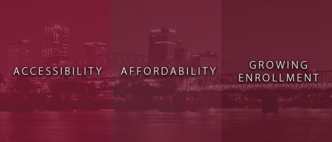 A picture of downtown Little Rock with text that says Chancellor Rogerson's key priorities: Accessibility, affordability, and growing enrollment.