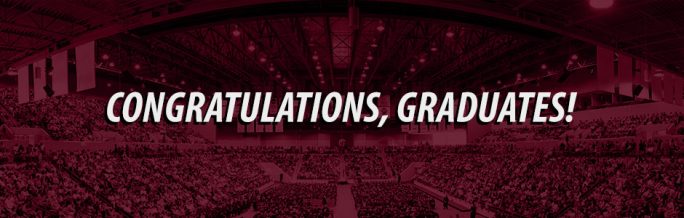 Text that says, "Congratulations, Graduates!" on a panoramic photo of a UA Little Rock commencement ceremony with a maroon overlay.