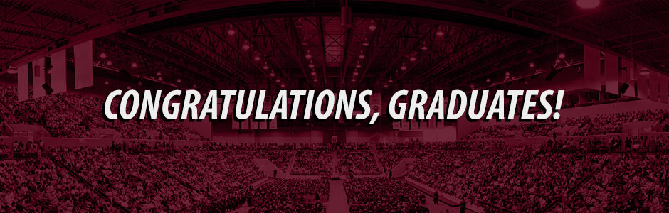 Text that says, "Congratulations, Graduates!" on a panoramic photo of a UA Little Rock commencement ceremony with a maroon overlay.