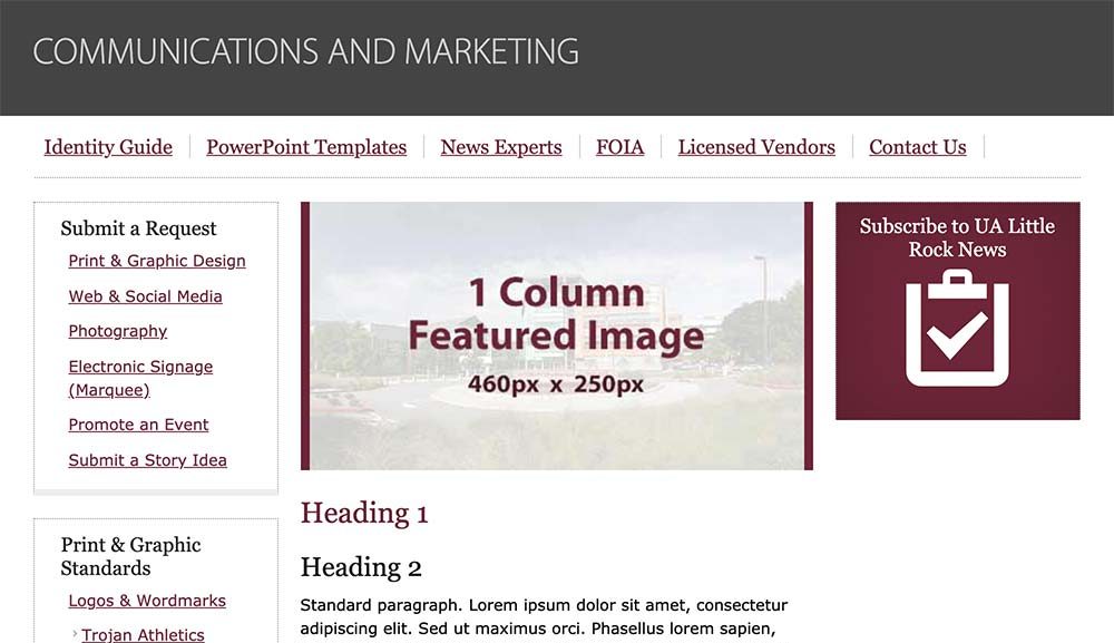 Screenshot of a WordPress page with placeholder content and a 1-column featured image.