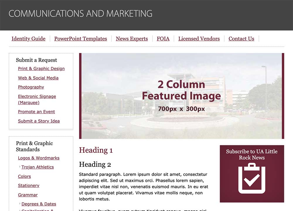 Screenshot of a WordPress page with placeholder content and a 2-column featured image.