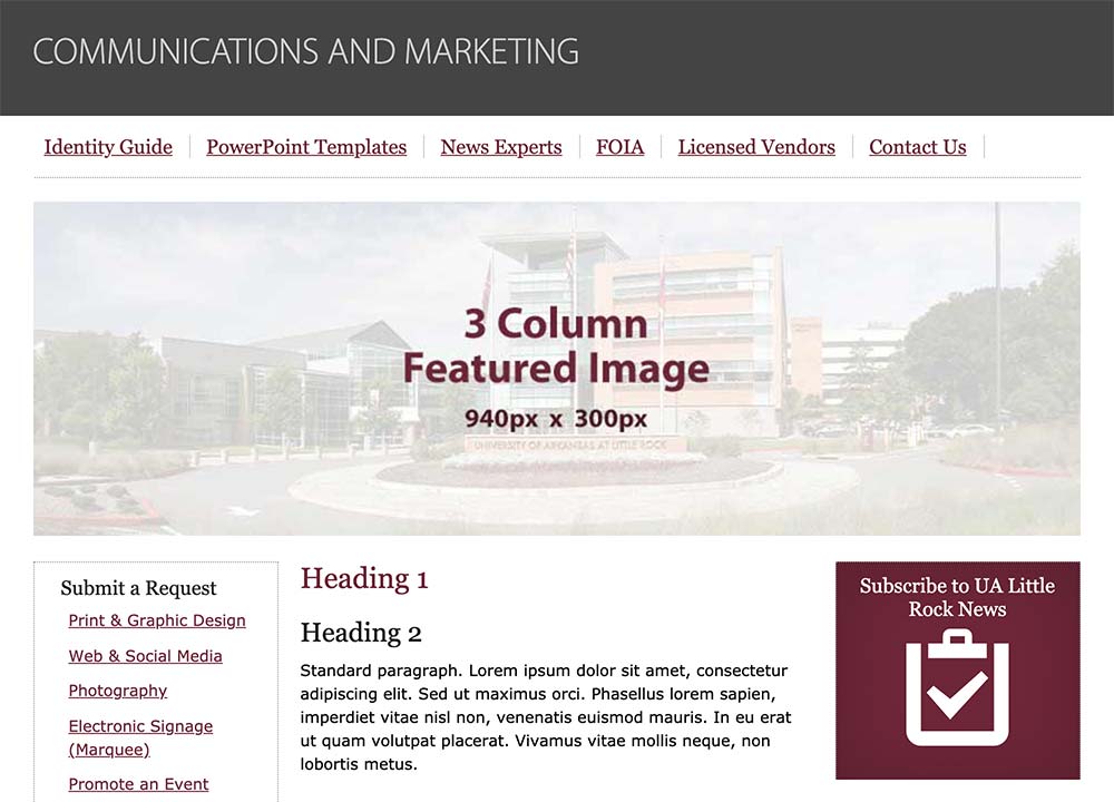Screenshot of a WordPress page with placeholder content and a 3-column featured image.
