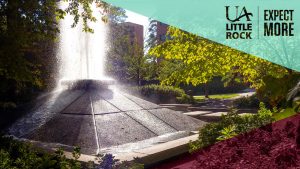 Zoom background image of the Cooper Fountain, overlaid with mint and text that says: UA Little Rock | Expect More.