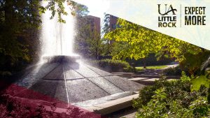 Zoom background image of the Cooper Fountain, overlaid with white and text that says: UA Little Rock | Expect More.