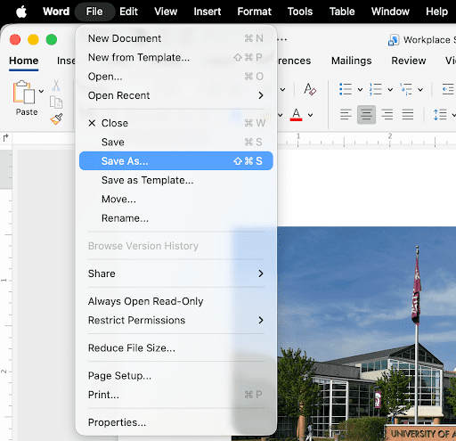 Microsoft Word 'File' menu sidebar open with the 'Save As' option selected and highlighted.