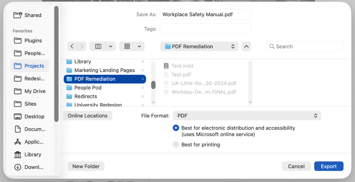 Microsoft Word dialog box with the Export button highlighted.