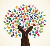 Tree of Life graphic made of colorful handprints