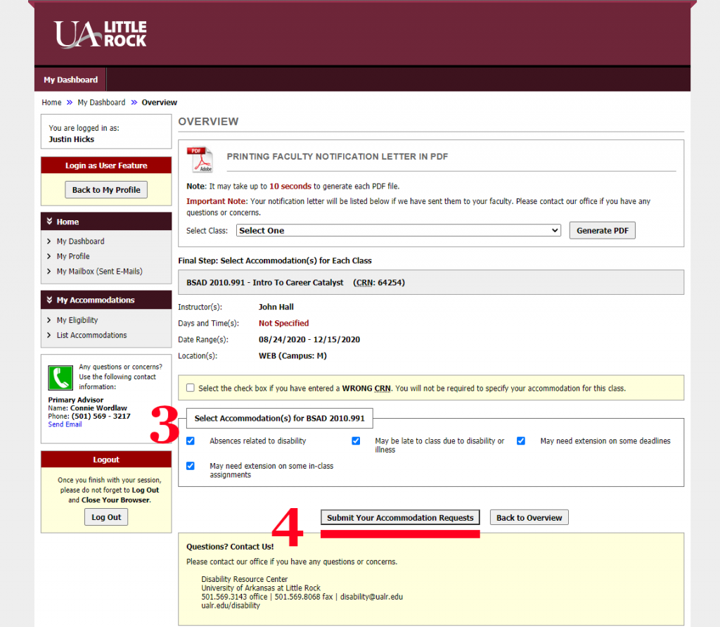 Image of second letter request page. Navigate to the box labelled "Select Accommodations for..." and check the checkboxes of the desired accommodations. The navigate to the button labelled "Submit your Accommodation Request" and click to submit.