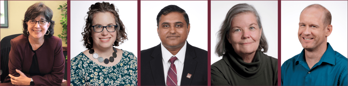 2026 Faculty Excellence Award Winners left to right: April Chatham-Carpenter, Public Service; Jana McAuliffe, Teaching;
Nitin Agarwal, Research and Creative Works; Suzanne Penn, Social Justice, and Kent Kovacs, Rising Faculty