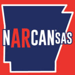 Red background, blue state of Arkansas outlined in white with the word NARCANsas acros the front