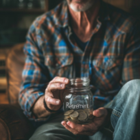 Man holding a retirement savings jar.