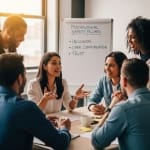 Diverse employees sitting at a conference table, actively listening and discussing.