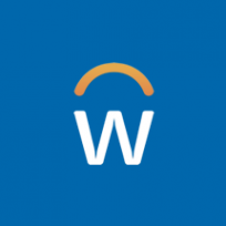 Workday logo has a blue background. In the foreground is the letter W covered with an arc.