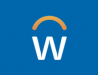 Workday logo has a blue background. In the foreground is the letter W covered with an arc.
