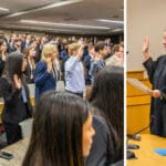 New JD students take the Pledge of Professionalism administered by Arkansas Supreme Court Associate Justice Rhonda K. Wood.