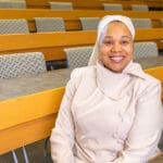 April Muhammad in the Friday Courtroom at the UA Little Rock William H. Bowen School of Law.