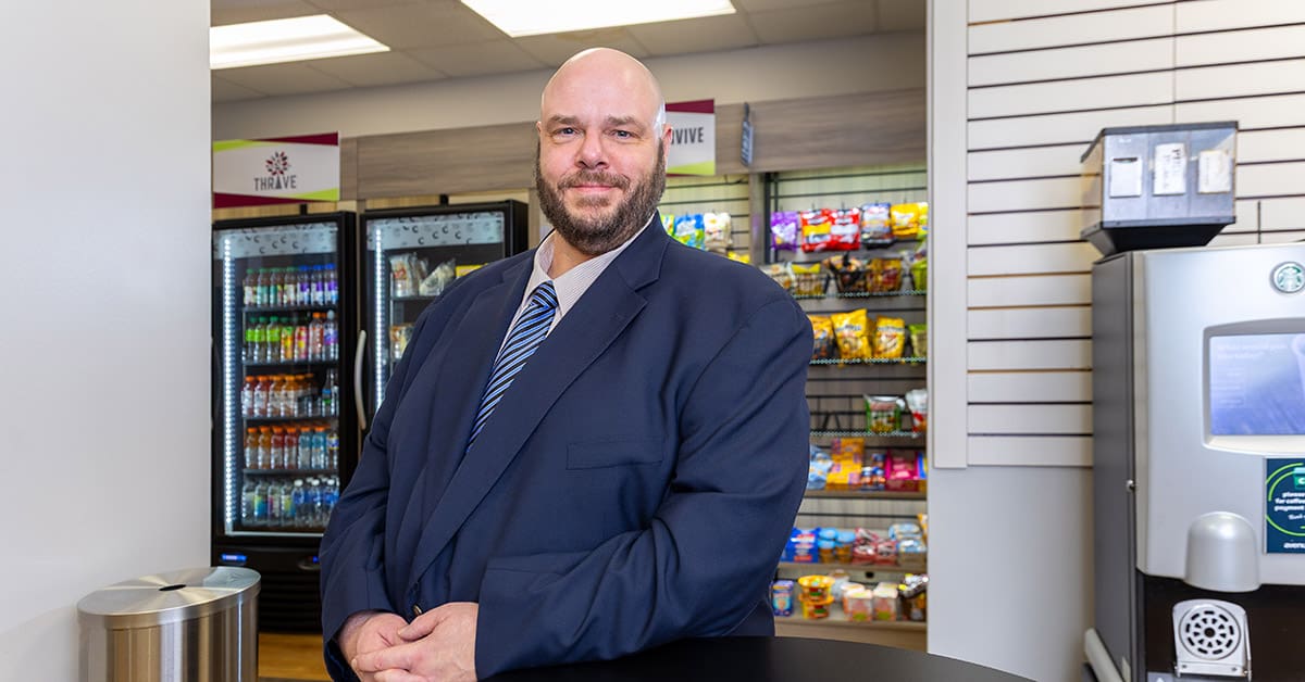 Mark Young, a graduate of the UA Little Rock William H. Bowen School of Law, pictured inside Bowen Mart on the law school campus.