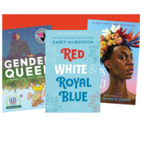 Pictures of books titled Gender Queer, by Maia Kobabe, White & Royal Blue, by Casey McQuioston, and All Boys Aren't Blue, by George Johnson
