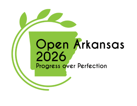 A green silhouette of the state of Arkansas with two vines and two leaves at the top. Across the state are the words Open Arkansas 2026 Progress over Perfection.