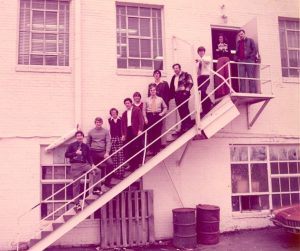 Bowen Law School students standing on an exterior building staircase, circa 1970s