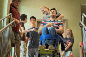 Students descend stairs during RA fire training Aug. 7 at UALR's West Hall.