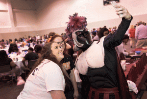 Trojan mascot and students at the Student Organization Fair during the new Student Orientation 2015 at UALR