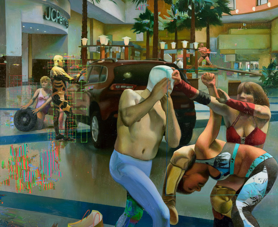 Oil painting by artist Robert McCann depicting professional wrestlers battling in a mall