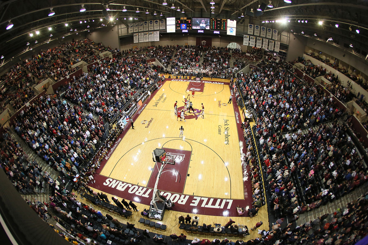 Wide angle shot of the Jack Stephens Center filled to capacity during the Little Rock Trojans' win over Arkansas State.
