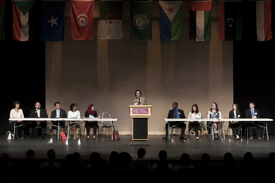 Dr. Rebecca Glazier, director of the UALR Model Arab League, addresses the Arkansas high school participants of the Model Arab League March 4.