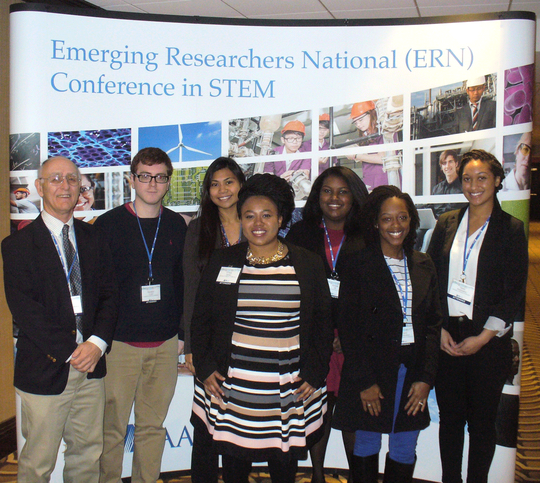 Six University of Arkansas at Little Rock students present research at the Emerging Researchers National Conference in Stem Feb. 25-28 at Washington, D.C. Pictured from left to right are Dr. Jim Winter, Osvaldo Cossio, Kristina Frogoso, C’Asia James, Amber Hill, Taylor McClanahan, and Taylor Washington.