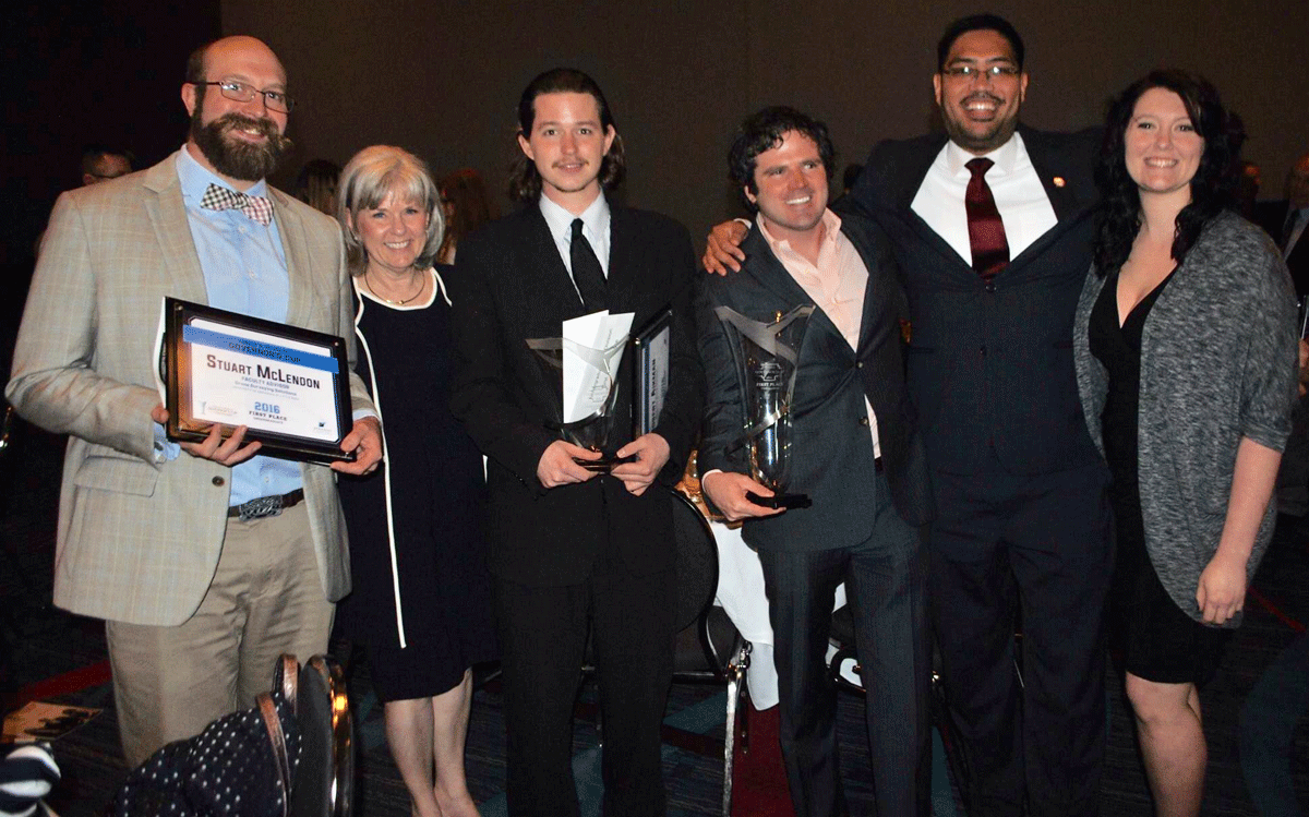 A University of Arkansas at Little Rock team won $25,000 at the 16th annual Donald W. Reynolds Governor’s Cup Collegiate Business Plan Competition. Pictured from left to right are Faculty Advisor Stuart McLendon, College of Business Dean Jane Wayland, Robert Aikman, Corey Castleberry, Mario Montenegro, and Victoria Freshour.