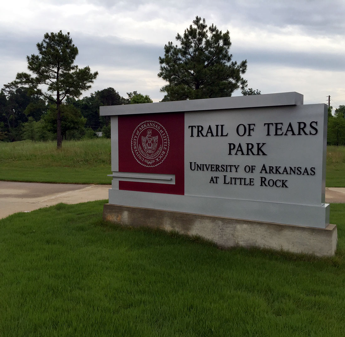 Trail of Tears Park sign on the UALR campus