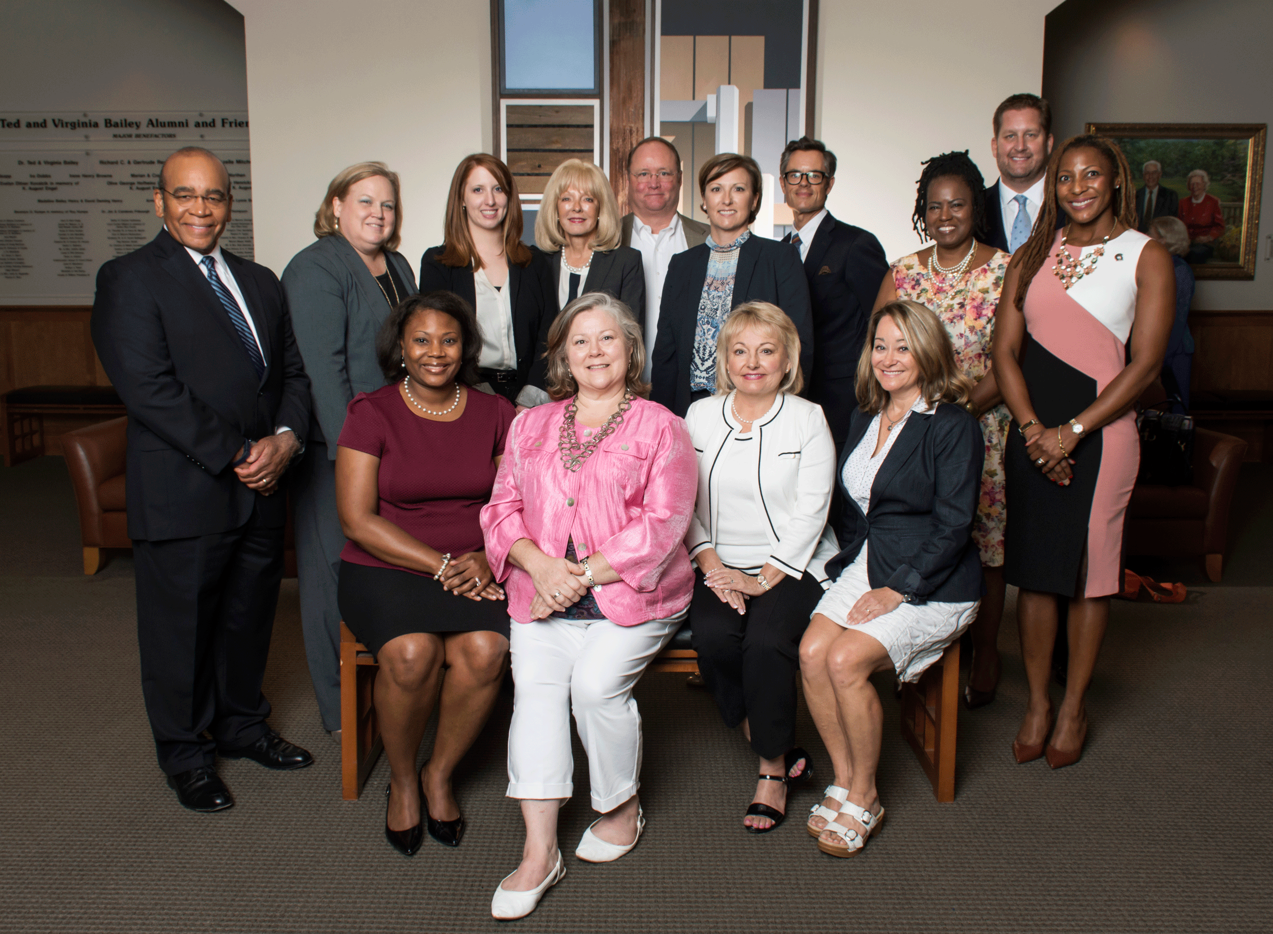 The UALR Alumni Board of Directors, from left to right, include: Back Row: James Bobo, Pamela Lamb, Danielle Hendrix, Becky Blass, Herb Wright, Holly Rose, Graham Cobb, Helaine Williams, Doug Homeyer, and Kristi Smith. Front Row: Katrina Owoh, Stephanie Caruthers, Mauri Douglass, and Gina Pharis. Not all of the board members appear in this photo. Photo by Lonnie Timmons III/UALR Communications.