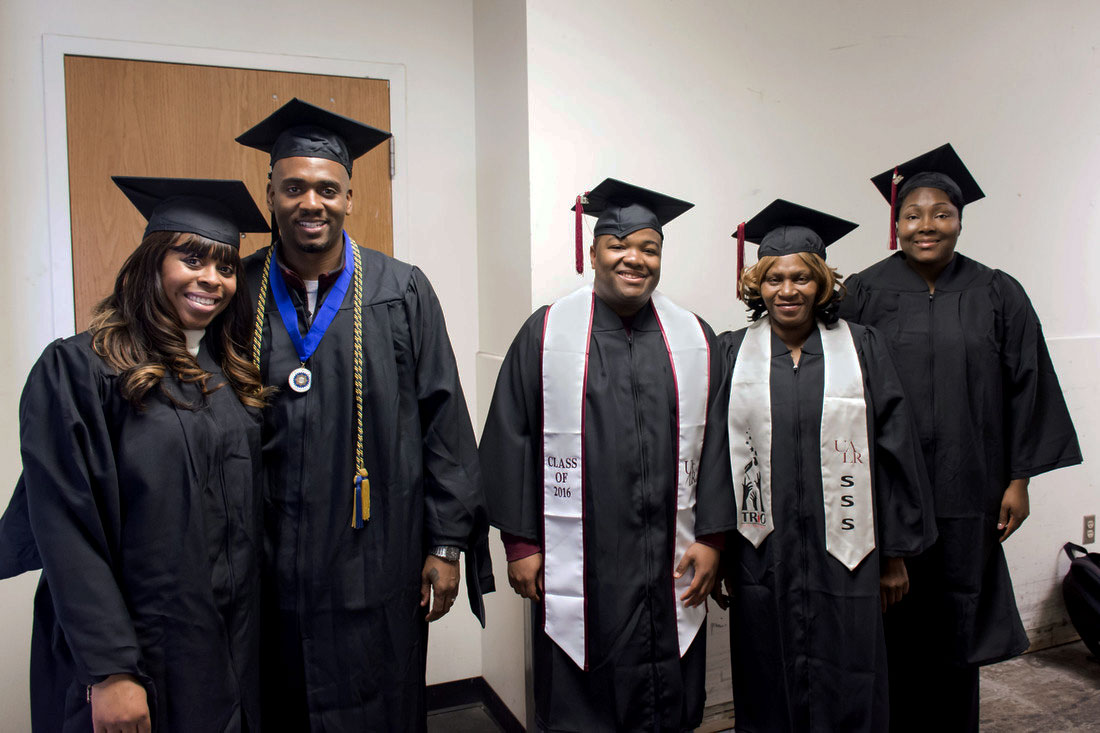 Four UALR staff members and one family member earned their college degrees in December 2016, thanks to a scholarship program from the Facilities Management Department. The fall 2016 graduates, from left to right, include Rayme Wilson, Jesse Wilson, Devin Banks, Brenda Glover, and Cindy McDonald.