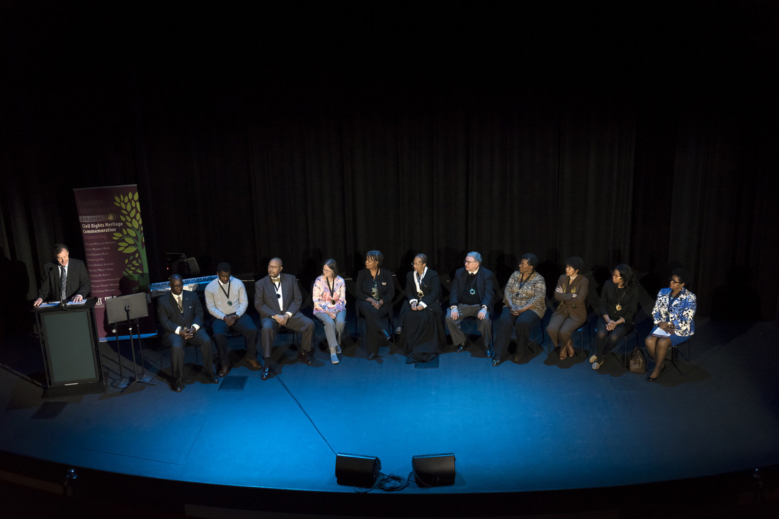John Kirk, director of the Anderson Institute on Race and Ethnicity, announced 10 names to be added to the Arkansas Civil Rights Heritage Trail during a program at the Ron Robinson Theater on Feb. 1. Photo by Lonnie Timmons III.