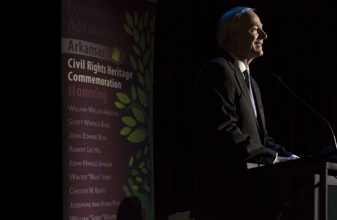 Gov. Asa Hutchinson gives the introduction to the induction ceremony for the 2017 Arkansas Civil Rights Heritage Trail honorees. Photo by Lonnie Timmons III.